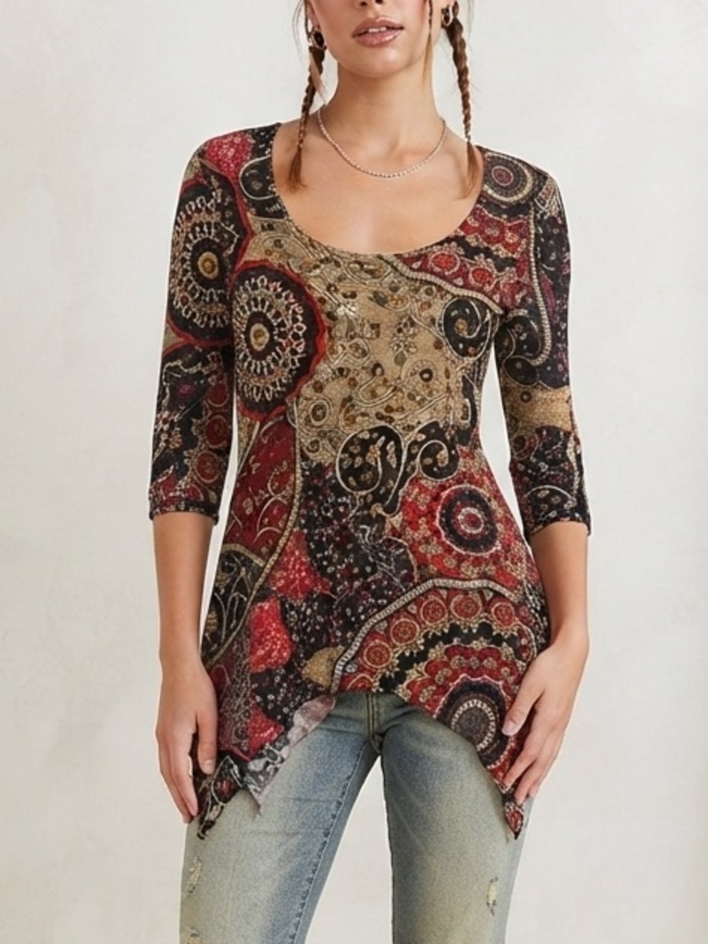 Y2K MIA Women's Scoop Neck Asymmetric Paisley Print Top Size Medium